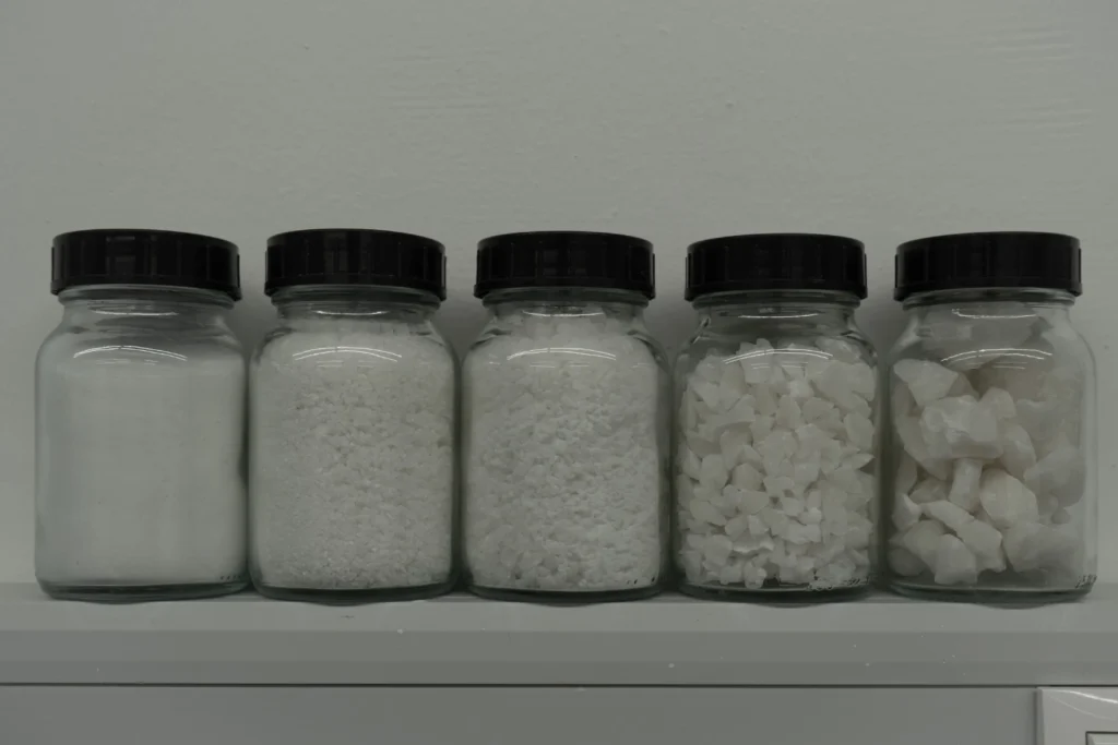 eine Reihe Gläser mit Aluminiumsulfat-Proben in verschiedenen Korngrößen